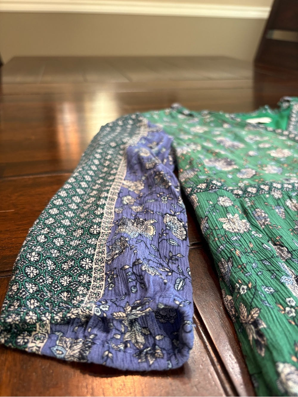 J Jill boho green floral dress with purple floral sleeves, size XS petite